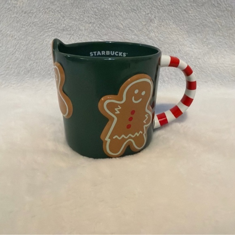 Starbucks Green Gingerbread Mug with Red Striped Handle - RARE